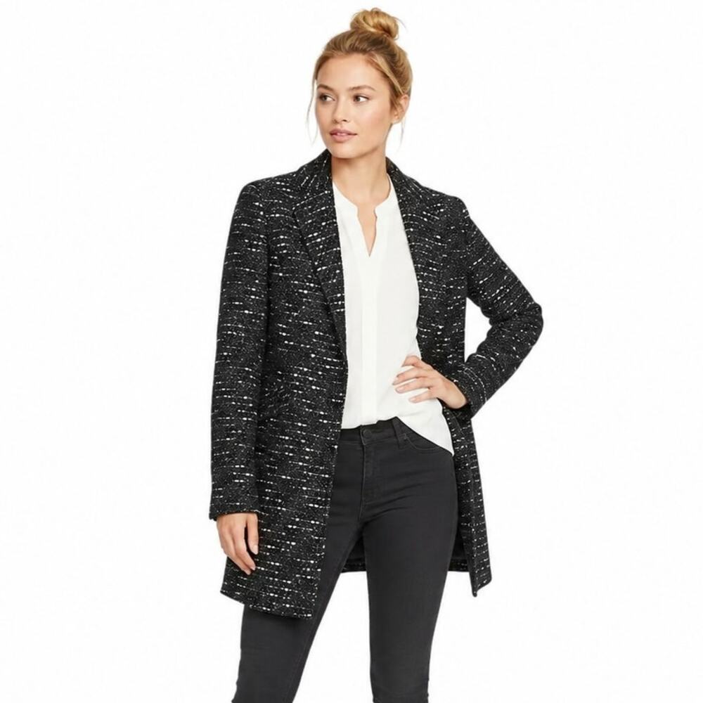 Kenneth Cole New York Black White Ribbon Tweed Notch Collar Topper, S